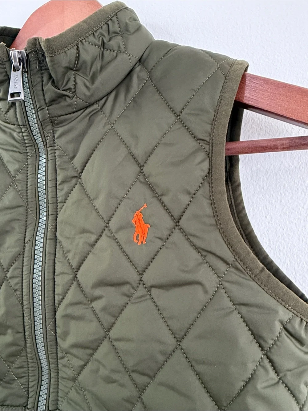 Ralph Lauren Kids Quilted Olive Vest with Orange Pony